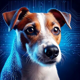 Firefly -A digitalized jack russel terrier dog, stylized as if scanned or reconstructed from data, i.